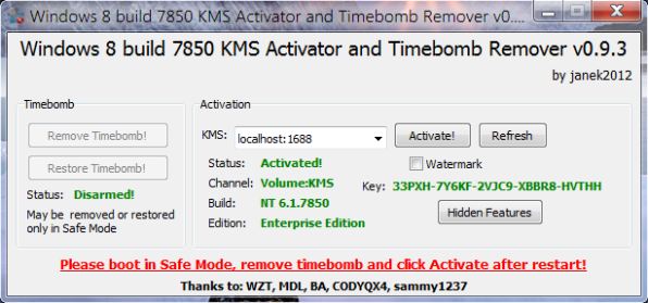 Windows 8 build 7850 KMS Activator and Timebomb Remover 0.9.4 .rar