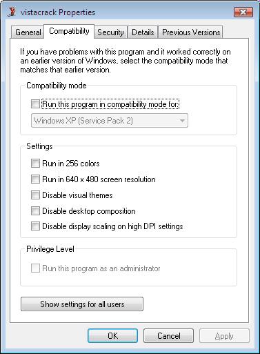 vistacrack.exe Compatibility Properties