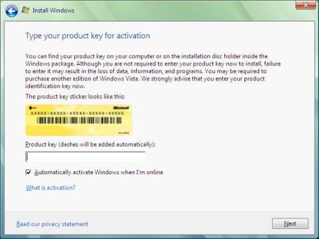 Product Key during Vista Setup