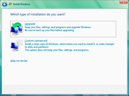 Windows Vista Setup Options