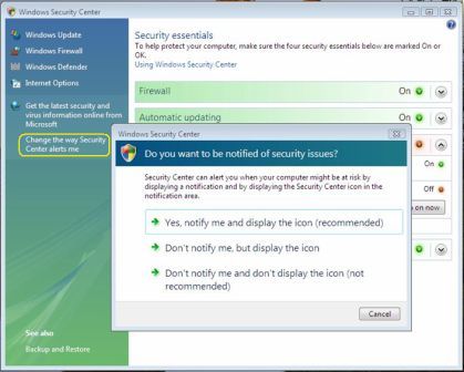 Change Security Center Alerts in Vista