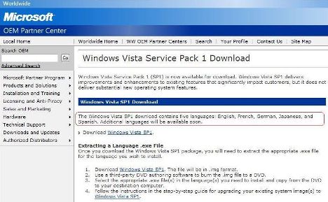 Vista SP1 in Microsoft OEM Partner Site