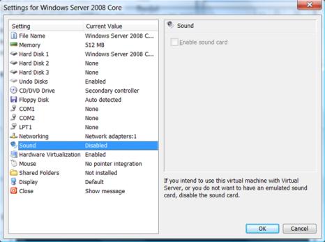 Disable Sound Card of VPC 2007 VM