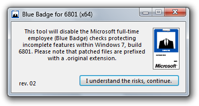 Blue Badge Tool to Unlock Hidden Protected Features in Windows 7 Pre Beta