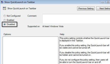 Policy to Disable Quick Launch Bar on Taskbar