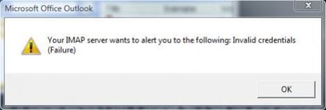 Your IMAP server wishes to alert you to the following: Invalid credentials (Failure)