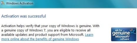 Windows 7 Online Activation Was Successful