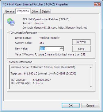 Properties of TCP-Z Half Open Limit Patch Device Driver