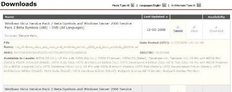 Windows Vista/Server 2008 SP2 Beta Symbols MSDN/TechNet