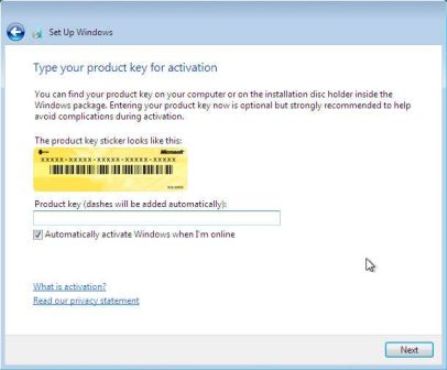 Product Key for Activation During Windows 7 Installation