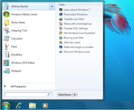 Windows 7 Beta 1 Build 7000 Start Menu