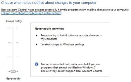 Disable UAC in Windows 7