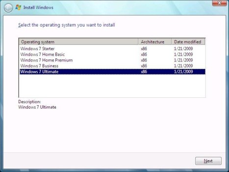 Windows 7 Build 7025 Installation Editions
