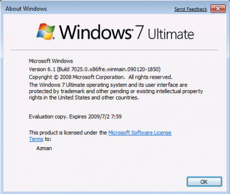 Windows 7 Build 7025 Version Information