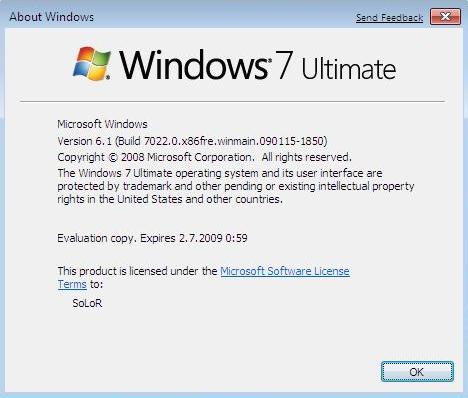 Windows 7 Build 7022 System Properties