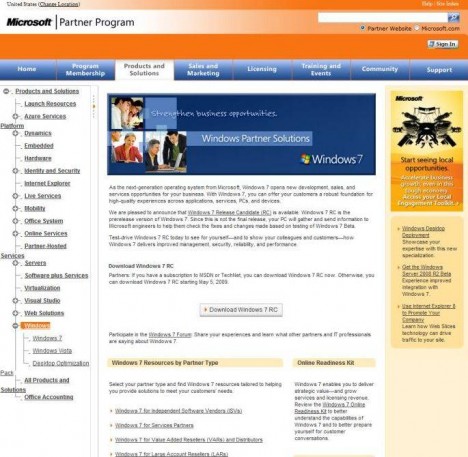 Windows 7 on Microsoft Partner Page