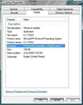 Windows 7 RC Build 7100 Setup.exe Properties