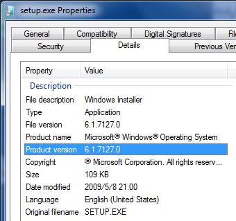 Setup.exe Properties of Windows 7 Build 7127