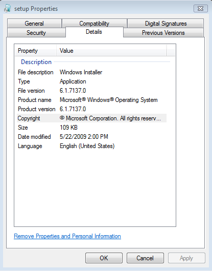 Windows 7 Build 7137 Setup.exe Properties