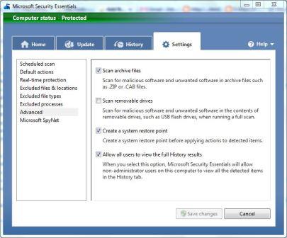 Microsoft Security Essentials Morro Settings