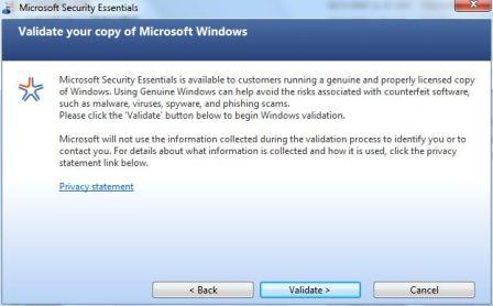 Microsoft Security Essentials Genuine Windows Validation
