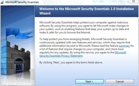 Microsoft Security Essentials Installation Wizard