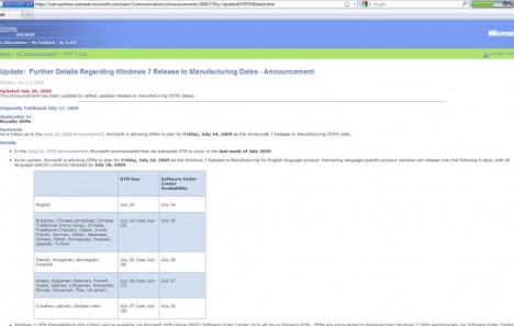 Windows 7 RTM OEM Partners Release Date