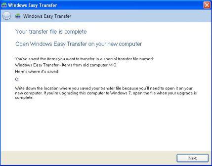 Windows Easy Transfer Outgoing Files Done