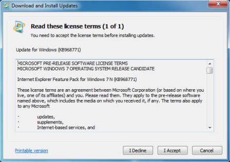Internet Explorer Feature Pack (KB968711) for Windows 7 E and N
