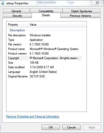 Windows 7 RTM Build 7600.16385 Setup.exe Properties