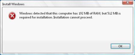 Install Cannot Proceed with Less Than 512 MB of RAM Memory