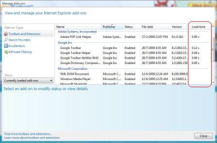 Load Time of Add-Ons in IE8