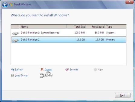 Delete Primary Partition in Windows 7 Setup