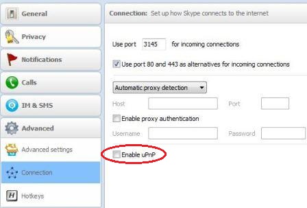 Disable uPnP in Skype