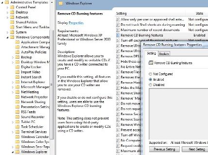 Disable CD Burning and Auto Tray Eject in Windows 7