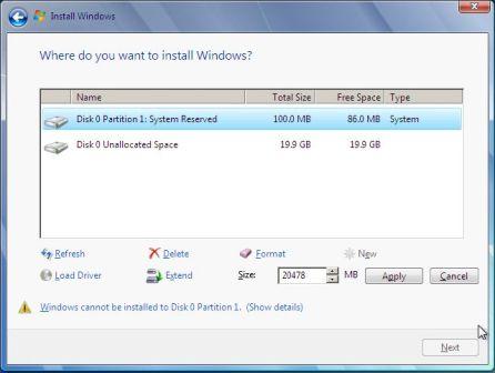 Extend Partiton Size in Windows 7 Setup