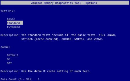 Windows Memory Diagnostic Options