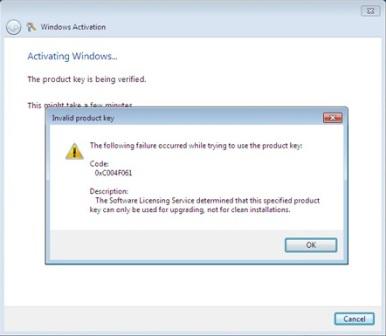 Windows 7 Upgrade License Activation Fail