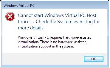Cannot start Windows Virtual PC Host Process