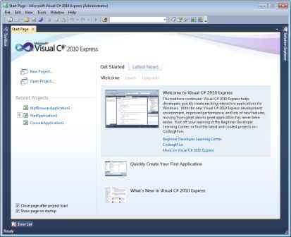 Visual Studio 2010 Express Start Page