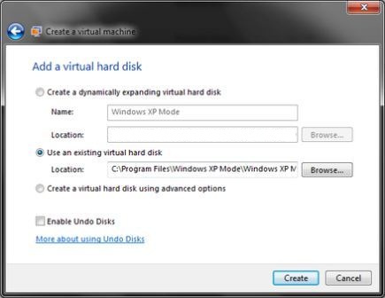 New Virtual Machine Based on XP Mode VHD