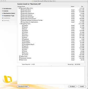 Office for Mac 2011 Installation Application Selection