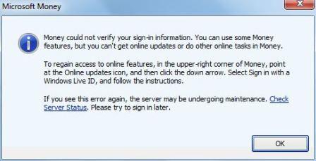 Microsoft Money Unable to Sign In to Windows Live ID