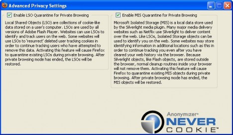 Anonymizer Nevercookie - Advanced Settings