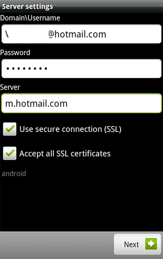 Hotmail Exchange ActiveSync Configuration in Android