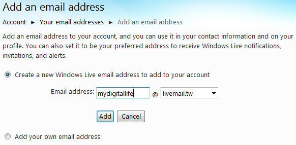 Select Email Address Domain for Windows Live Hotmail Alias