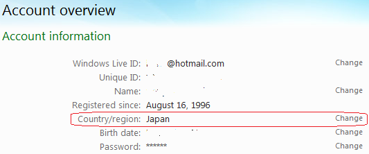 Windows Live Account Country/Region
