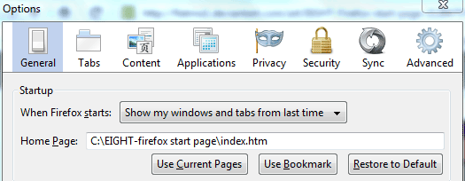 Set EIGHT Start Page as Home Page in Firefox