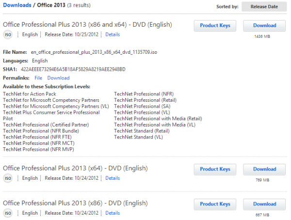 Office 2013 in MSDN and TechNet Subscriber Downloads
