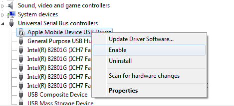 Enable Apple Mobile Device USB Driver